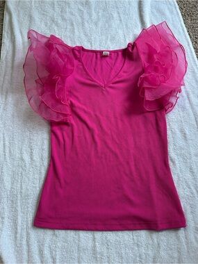SHEIN Bright Pink Ribbed Top with Organza Ruffle Sleeves